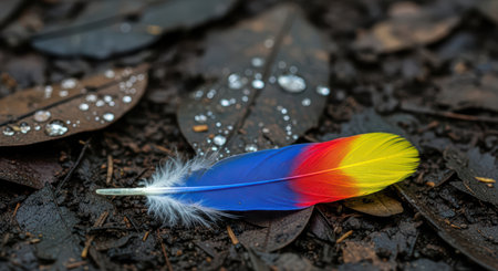 Vibrant feather on wet leafy ground with dew dropsの素材