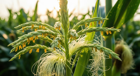 Close-up of corn tassel and silk in sunlit field during growth seasonの素材
