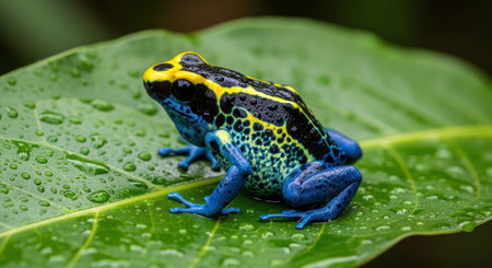 Colorful poison dart frog on leaf with water droplets in rainforestの素材