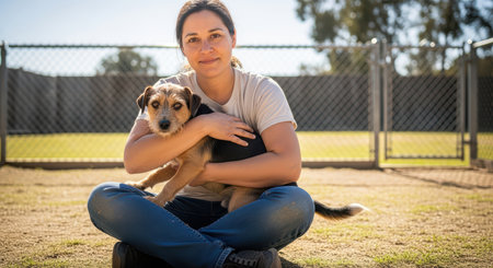 Caucasian female adult embracing small brown dog outdoors in sunny parkの素材