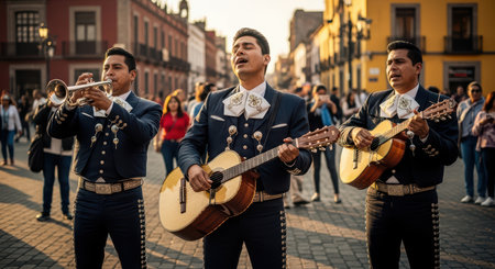 Mariachi band performing on bustling city street with traditional instrumentsの素材
