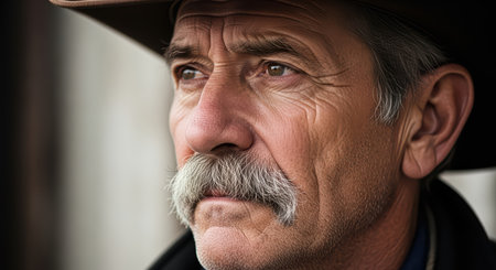 Mature caucasian male with mustache and cowboy hat outdoorsの素材