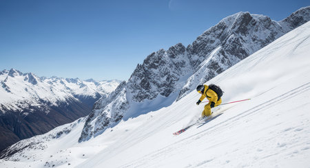 Male skier in yellow descending snowy mountain in scenic alpine landscapeの素材