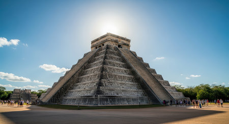 Majestic chichen itza pyramid underneath a clear blue sky in mexicoの素材