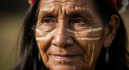 Elderly native woman with traditional face paint and cultural headdressの素材