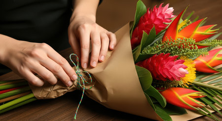 Female hands arranging vibrant flower bouquet with brown wrapping on wooden tableの素材
