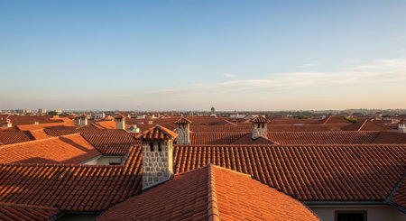 Expansive rooftop view of traditional red tile roofs at sunsetの素材