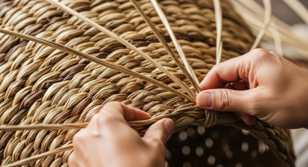Close-up of hands weaving a natural wicker basket with precision and skillの素材