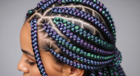 Intricate braided hairstyle with vibrant colors on young african femaleの素材