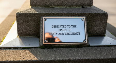 Plaque on stone structure reflecting unity and resilienceの素材