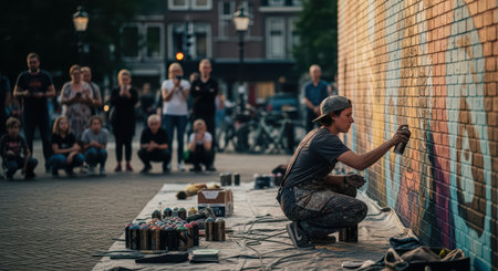 Young caucasian male street artist painting colorful mural as crowd watchesの素材