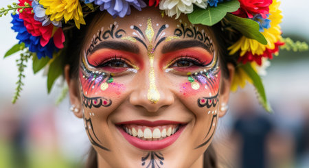 Hispanic young female with colorful face paint and floral headpiece smiling at festivalの素材