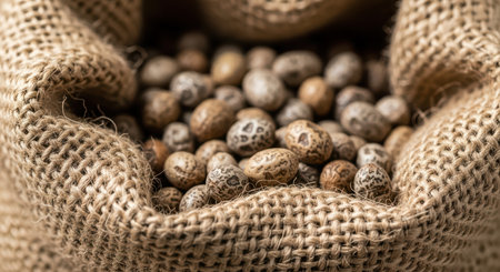 Close-up of jute bag filled with dappled beans displaying earthy texturesの素材