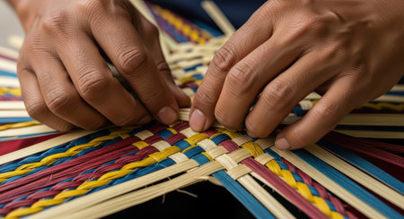 Close-up of skilled hands weaving colorful basket with intricate patternsの素材