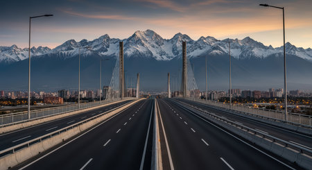 Empty highway leading to majestic snow-capped mountains at sunsetの素材
