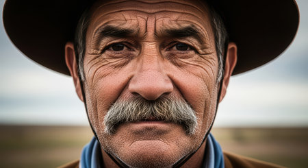 Elderly caucasian male with mustache wearing hat in rural landscapeの素材