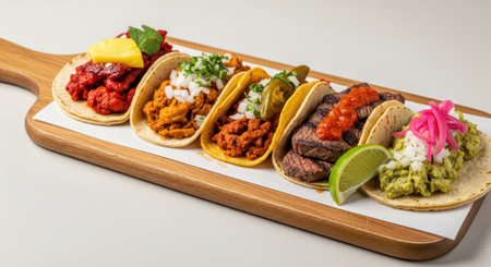 Assorted tacos on wooden platter with beef chicken and salsa garnishesの素材