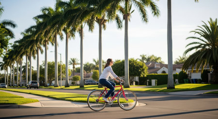 Young caucasian female cycling in suburban palm tree-lined streetの素材