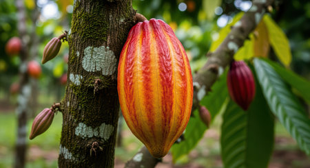 Vibrant ripe cacao pod on tree trunk in tropical plantation settingの素材