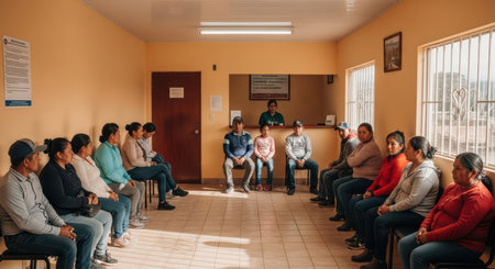 Community health clinic meeting with hispanic adults in casual attireの素材