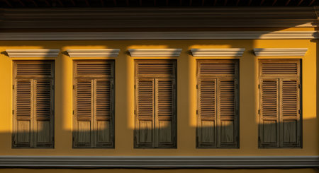 Historic colonial architecture featuring wooden shuttered windowsの素材