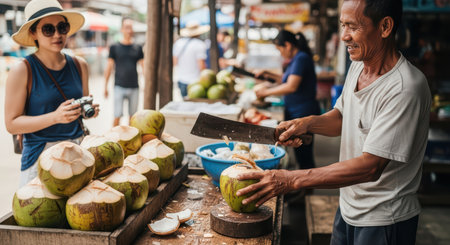 Asian market scene: elderly male vendor cutting coconuts for female touristの素材