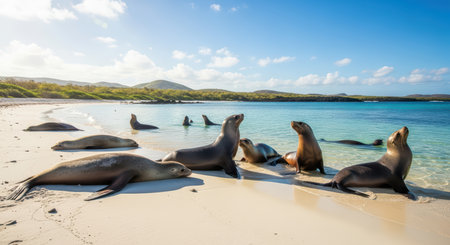 Seals sunbathing on pristine beach with clear blue waters and lush hillsの素材