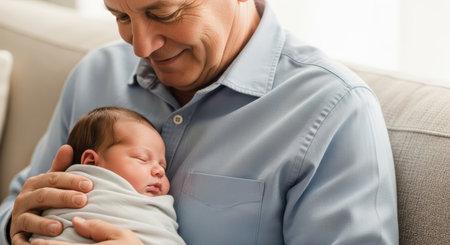 Elderly male cradling sleeping baby on couchの素材