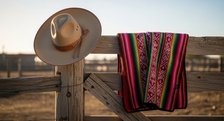 Cowboy hat and colorful blanket on rustic fence at sunsetの素材