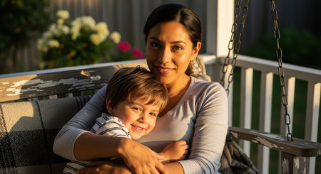Hispanic female adult embracing caucasian male child on porch swing in evening lightの素材