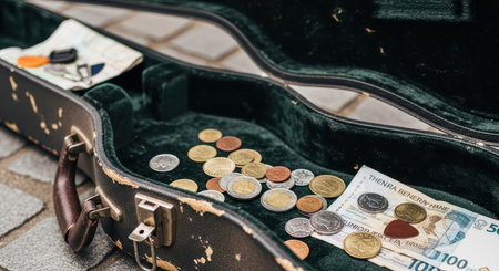 Open guitar case with coins and banknotes on street pavement for buskingの素材