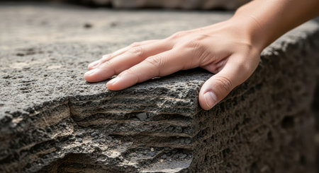 Close-up of hand touching rough textured stone surface outdoorsの素材