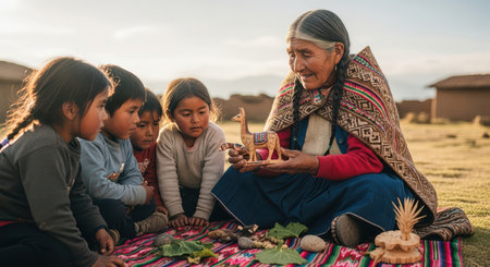Elderly hispanic woman teaching children with traditional crafts outdoorsの素材