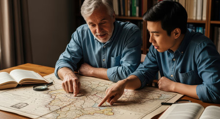 Elderly caucasian male and young asian male discussing geography with vintage mapの素材
