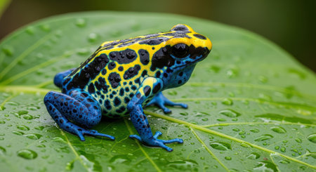 Vibrant blue and yellow poison dart frog on rain-dappled leafの素材