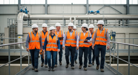 Diverse team of engineers walking in industrial facility in safety gearの素材