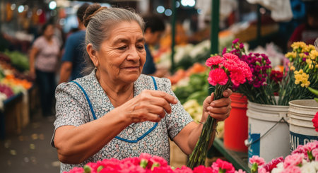 Elderly hispanic female arranging flowers at vibrant market stallの素材