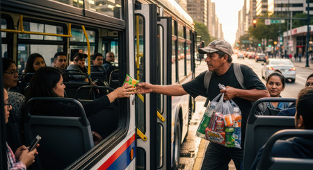 Man selling snacks on bus to diverse passengers in urban settingの素材