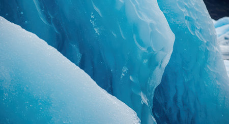 Close-up of smooth glacier ice textures and variations in blue huesの素材