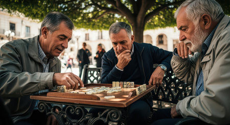 Elderly men engaged in intense domino game in park settingの素材