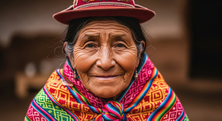 Elderly hispanic woman wearing traditional colorful hat and shawl smilingの素材