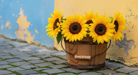 Rustic wooden bucket with vibrant sunflowers against weathered wallの素材