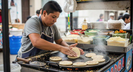 Hispanic male preparing pupusas at outdoor food stall with ingredientsの素材