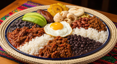 Traditional colombian bandeja paisa with beans, rice, meat, and plantainsの素材