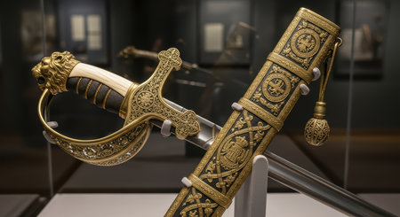 Intricate gold encrusted antique sword and sheath display in museum exhibitの素材