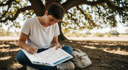 Caucasian young female writing in notebook under tree in park settingの素材