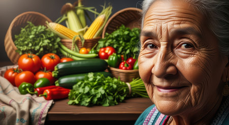 Elderly hispanic woman smiling in front of fresh vegetablesの素材