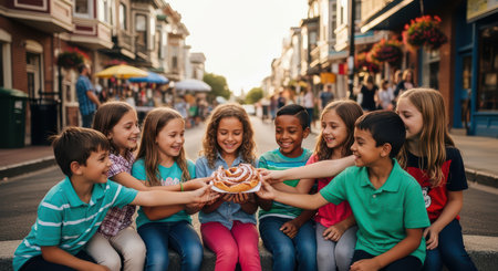Diverse group of happy children sharing pastry in vibrant urban settingの素材