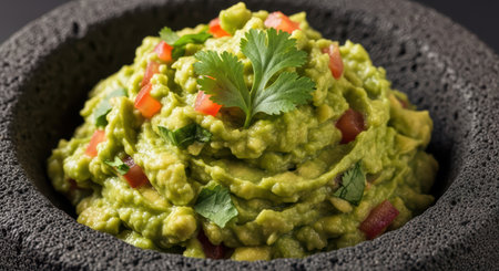 Fresh guacamole with tomato and cilantro in a stone bowlの素材