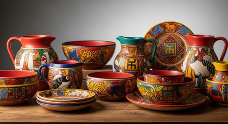 Vibrant hand-painted mexican ceramics with traditional patterns and colorsの素材